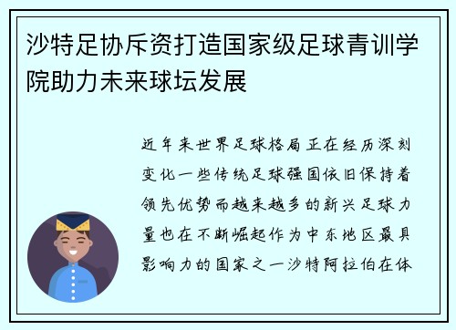 沙特足协斥资打造国家级足球青训学院助力未来球坛发展